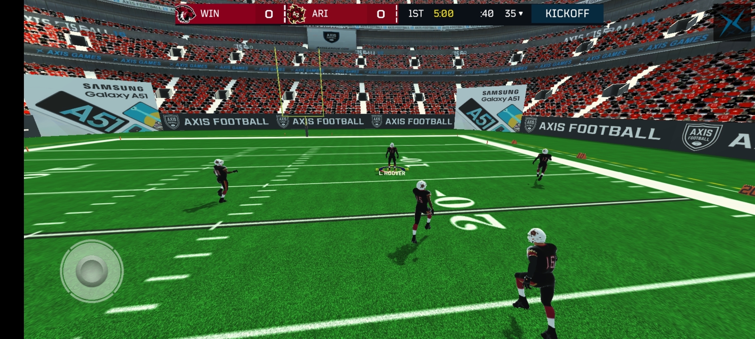 Live screenshot from an in-game advertising campaign inside Axis Football’s Android version featuring Samsung ads powered by Anzu technology